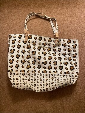 Victoria's Secret Cream Leopard Print Canvas Tote with Tan Accents